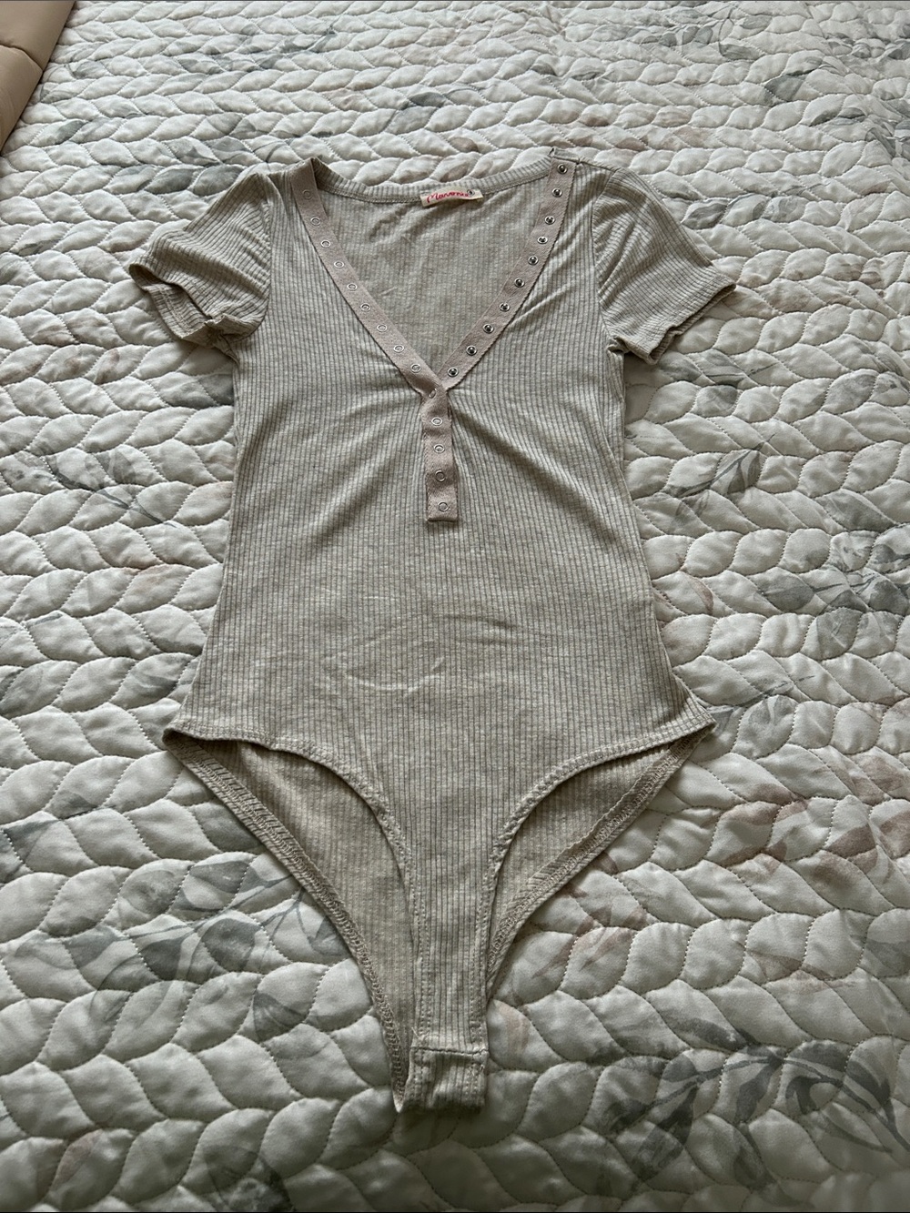 Ribbed Short Sleeve Henley Bodysuit - Light Beige